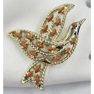 Vintage GERRYS Burnt Orange Enamel Dove Goldtone Brooch Pin Pendant 1960's